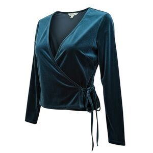 American Apparel Velvet Wrap Top Size Medium Teal Blue V-Neck Long Sleeve